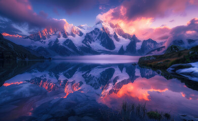 Photo of the French Alps with snowcapped peaks and alpine lakes, capturing breathtaking landscapes