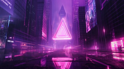 A vibrant neon-lit futuristic city during rainfall, showcasing a floating holographic triangle symbol above an urban street.