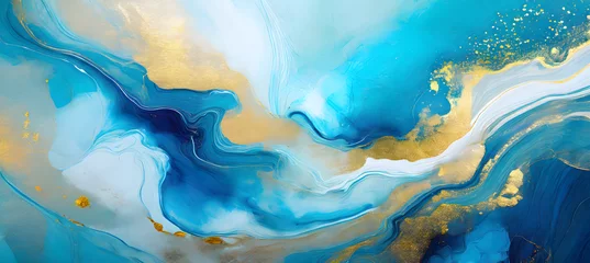 Papier Peint photo Cristaux Hand painted background with mixed liquid blue and golden paints. Abstract fluid acrylic pai. Generative AI.