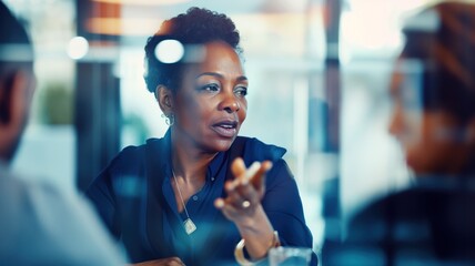 Professional woman deep in discussion during a business meeting. - obrazy, fototapety, plakaty