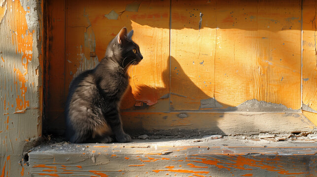 A gray kitten sits in the sunlight against a wall with crumbling yellow paint. copy space