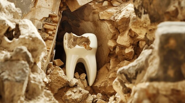 Surreal image of an oversized molar tooth in an archaeological dig site.