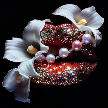 Stunning image of red shimmering lips surrounded by pearls and white lilies against a pitch-black background, evoking elegance and mystery