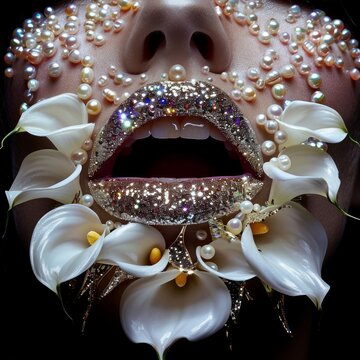 An opulent close-up of a mouth with sparkling makeup, adorned with pearls and white flowers, inducing a luxurious feel