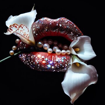 Eye-catching mouth with red glitter lipstick entwined with pearls and calla lilies on a dark background