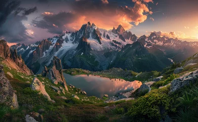 Zelfklevend Fotobehang Photo of the French Alps with snowcapped peaks and alpine lakes, capturing breathtaking landscapes © Kien