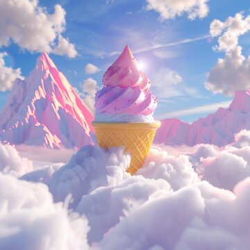 A whimsical image that portrays a giant ice cream cone standing among pink mountain peaks under a blue sky