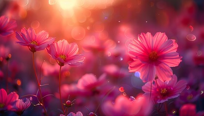 Pink cosmos flower field in sunset during summer time. Cosmos flowers blooming under sunshine. Closeup of pink flowers - Powered by Adobe