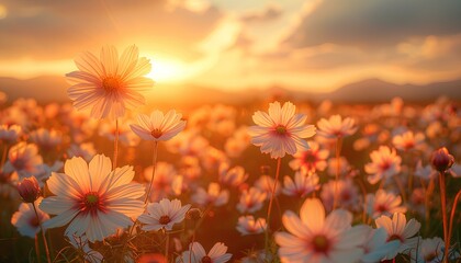 White cosmos flower field in sunset during summer time. Cosmos flowers blooming under sunshine....