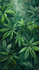 Marijuana leaves painting on green background. Watercolor wallpaper with a hemp foliage on a vibrant green backdrop