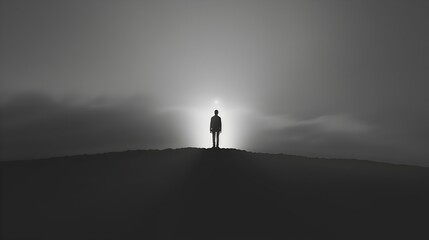 Silhouetted Seeker Illuminated by the Symbol of Productivity Amid the Complexities of Life - obrazy, fototapety, plakaty
