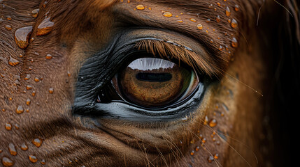 A close-up of a horse's eye covered in water droplets. - obrazy, fototapety, plakaty