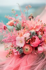 Delicate close-up of a pink-themed flower bouquet with a variety of blooms and textures