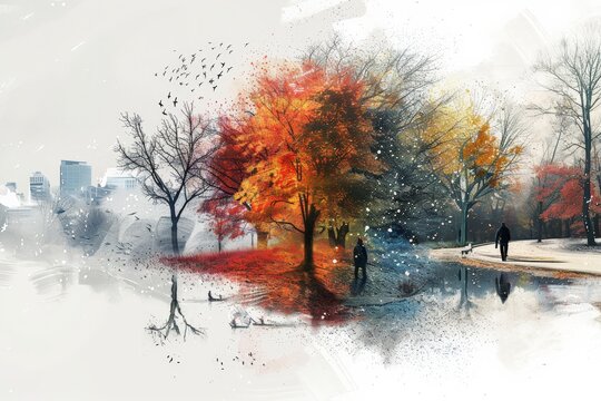 Watercolor-esque park scene where autumn's vibrant hues merge with winter's approach, while individuals and birds animate the tranquil urban tableau. with humans and avians adding life