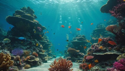 Naklejka na ściany i meble A serene underwater view of a vibrant coral reef, teeming with colorful fish and marine life in sunlit waters
