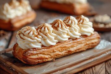 An éclair topped with white cream sits on a wooden tray