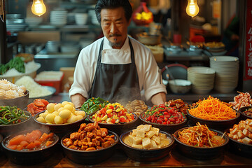 A chef stands behind a table showcasing various Asian foods