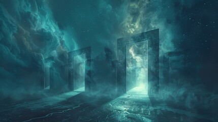 Surreal: A series of interconnected doorways floating in a void