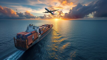 air, land, road, sea transportation, cargo ship in a seascape, an airplane flying above, a cargo...