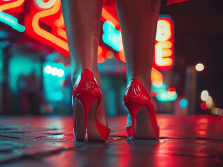 Elegant red high heels on a girlÃ¤s legs captured at night, complemented bz a luminous sign 