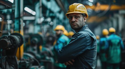 realistic photo of a group of angry workers working in a factory , Generative Ai  - obrazy, fototapety, plakaty