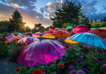 colorful umbrellas and green nature environment - obrazy, fototapety, plakaty
