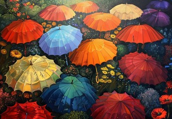 Fototapeta na wymiar colorful umbrellas and green nature environment
