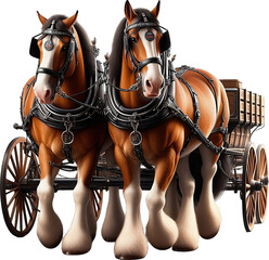 In this image, two brown and white horses are hitched to a carriage with wooden wheels. They are wearing heavy leather harnesses and are standing side by side. The background is transparent. - obrazy, fototapety, plakaty