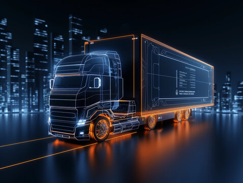Futuristic truck with trailer scene with wireframe intersection Illustration. 