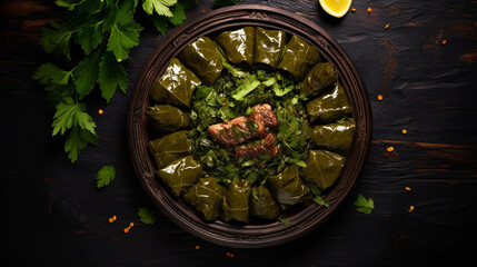 Grape leaf stuffed with meat on dark table, Middle Eastern dish, top view. 
