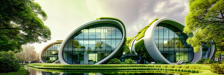 Modern Corporate Building Exterior with Green Landscaping, Blue Sky, and Company Logos - obrazy, fototapety, plakaty