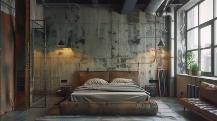 Chic urban loft bedroom combining rich textures and industrial elements for a stylish and contemporary space