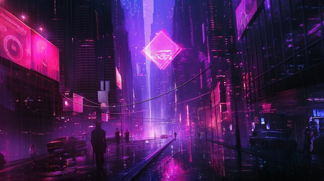 Futuristic urban scene with vibrant neon lights and reflections on wet streets, depicting a city life in a cyberpunk reality.