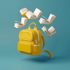 3D rendering of a yellow school backpack with open books flying around