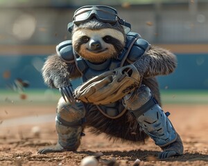 Fototapeta premium Humorous scene of a sloth, slow yet ready, as a baseball catcher in action pose, ballpark atmosphere , 3D style