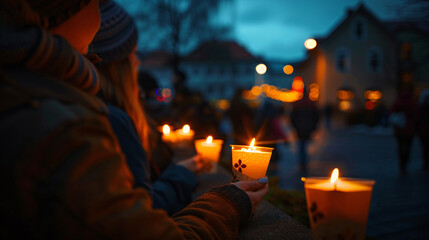 A somber candlelit vigil held in a town square uniting people in memory and solidarity. - obrazy, fototapety, plakaty