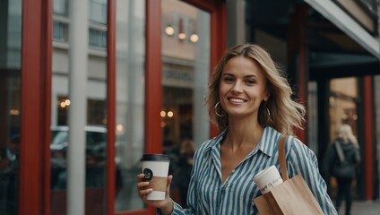 woman with shopping bags and coffee to go.