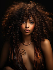 Fototapeta premium Portrait of a beautiful African woman with curly hair on dark background, front view 