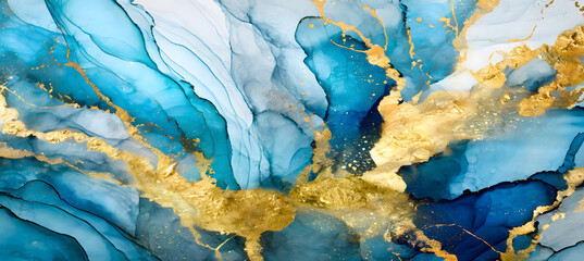 luxury resin abstract art , alcohol ink abstract blue gold background, hand painted liquid. Generative AI.