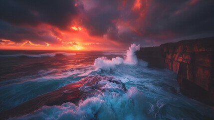 A spectacular sunset over a rugged coastline with waves crashing against the cliffs under a fiery...
