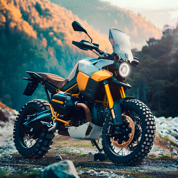 Moderna motocicleta de aventura todoterreno amarilla y negra, con asiento de cuero marrón, gran faro redondo y equipada con neumáticos de gran resistencia y un gran y potente motor de alto rendimiento