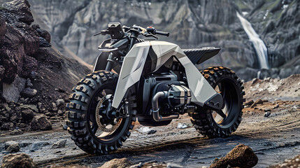 Black and white all terrain motorcycle with large knobby tires parked in wild and rugged terrain with waterfall in the background.