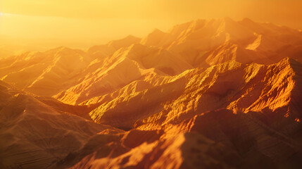 Triangular cliffs in ochre and sienna hues intertwining seamlessly under a golden sunset
