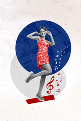 Vertical photo collage of happy dreamy girl dance headphones leisure relax note treble clef sound...