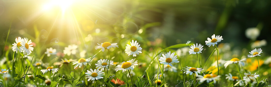Beautiful spring landscape with meadow flowers and daisies in the grass. Natural summer panorama