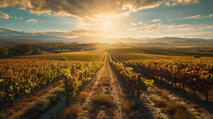 A sprawling sun-drenched vineyard at the peak of harvest showcasing the bounty and beauty of the land. - obrazy, fototapety, plakaty