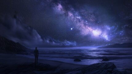 Person standing on a beach at night, gazing at a starry sky and the Milky Way. - obrazy, fototapety, plakaty
