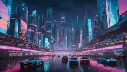 Neon lights reflect on wet streets in a bustling futuristic cityscape, with sleek cars and towering skyscrapers