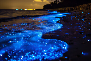 Close-up Seashore With Sparkling Bioluminescent Plankton - obrazy, fototapety, plakaty