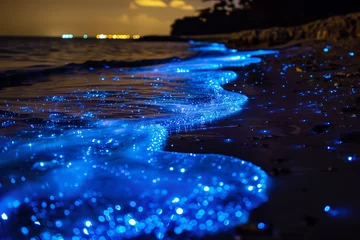 Gordijnen Close-up Seashore With Sparkling Bioluminescent Plankton © Nikki AI